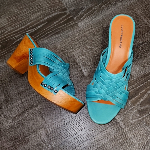 Lucky Brand Tellimi Platform Wedge Woven Leather Studded Sandals Blue - Picture 2 of 7